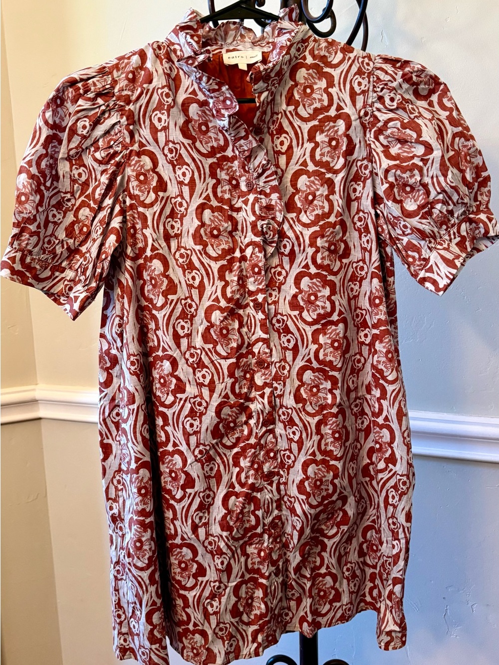 Entro Boho Floral Button Front Puff Sleeve Mini Dress Small Rust and baby blue